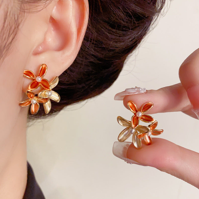 Luxury Colorblock 3D Flower & Pearl Earrings – Elegant Floral Design