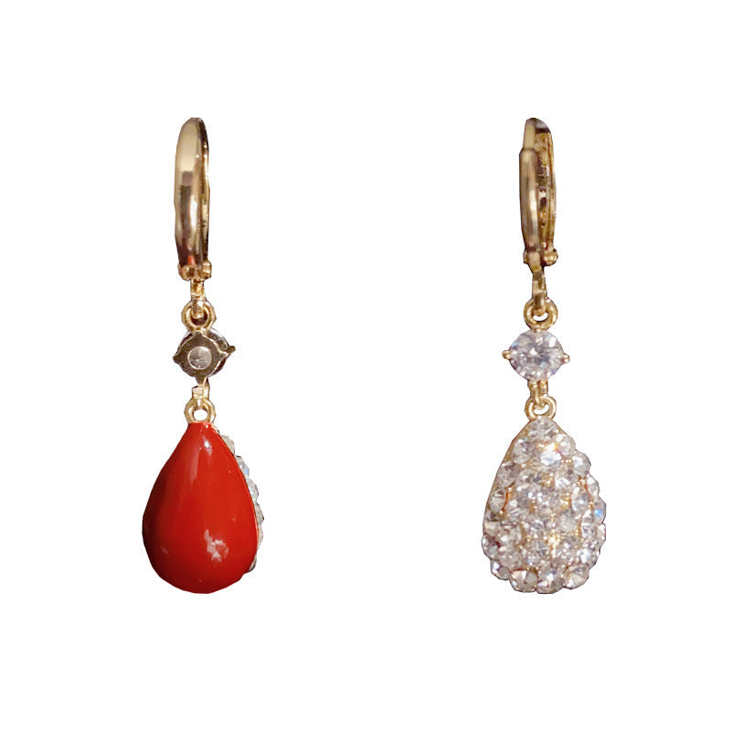 Luxury Full-Zircon Double-Sided Red Teardrop Earrings – Elegant Design