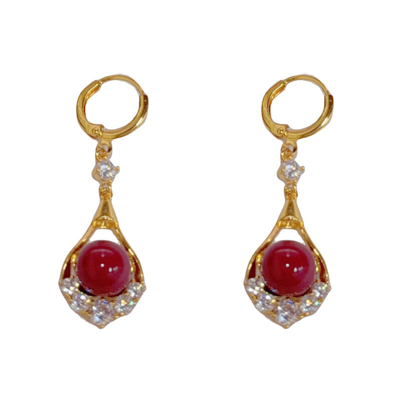 Luxury Red Pearl Rhombus Tassel Drop Earrings – Elegant Design
