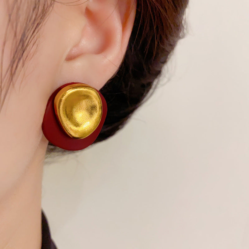 14K Gold-Plated Colorblock Round Earrings - Retro Minimalist Design