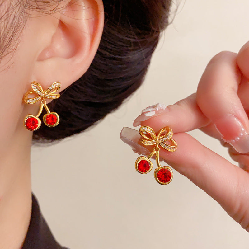 Elegant Zircon Cherry Drop Earrings – Fruit Design