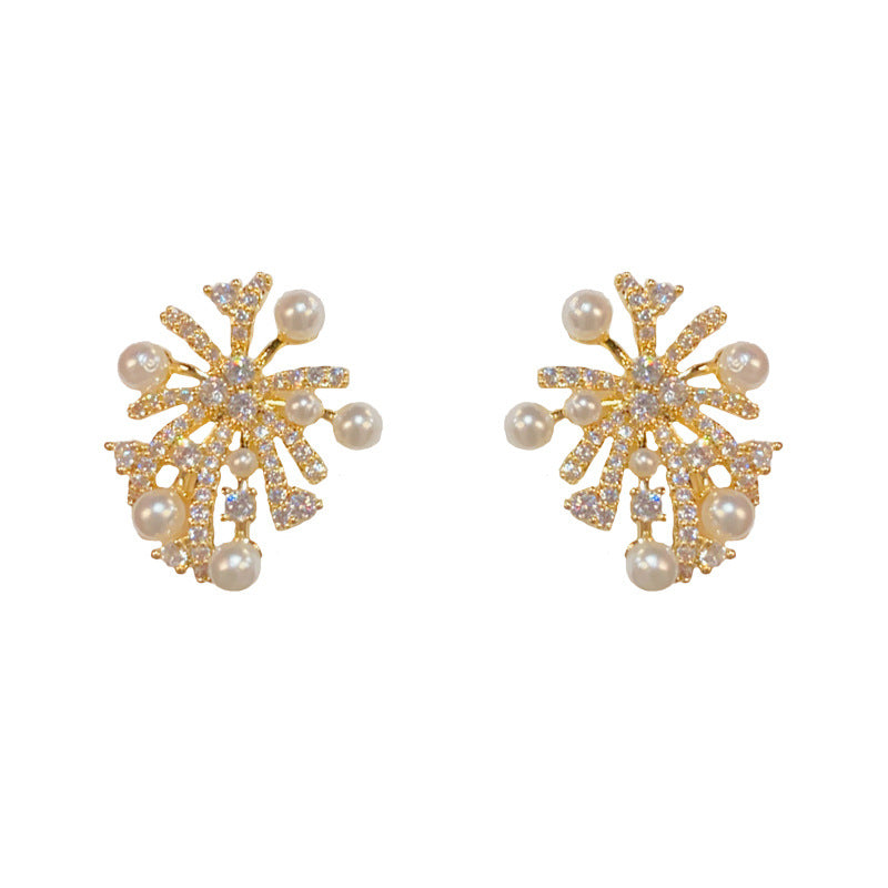 S925 Zircon Firework Pearl Stud Earrings - Elegant Minimalist Design