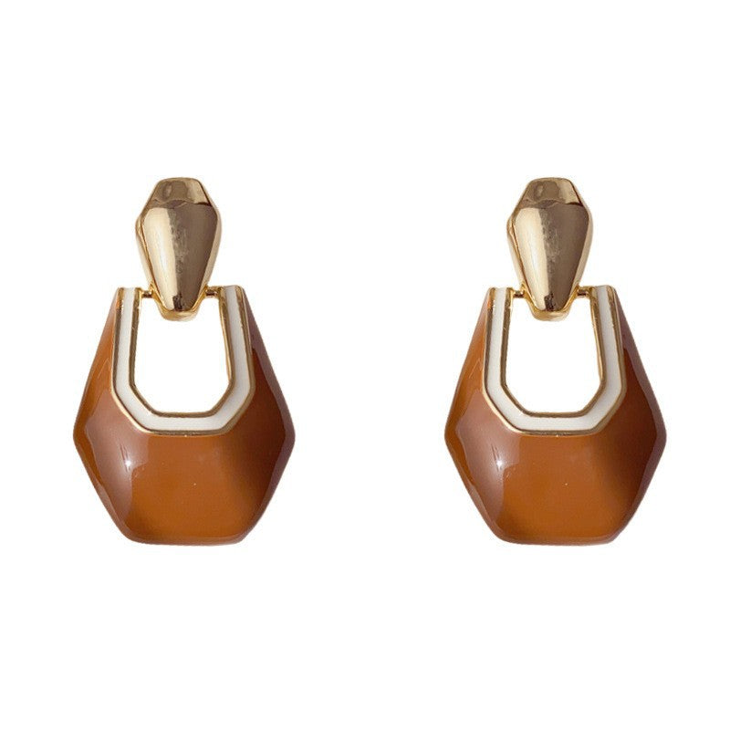 Eaioncol Geometric Enamel Drop Earrings Red Brown