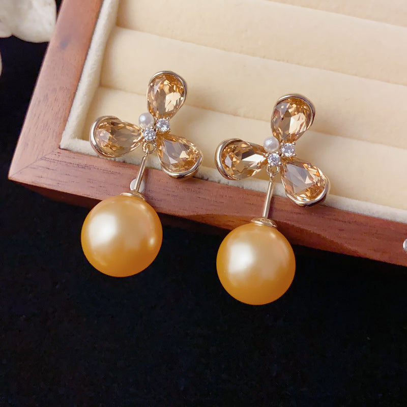 Elegant Zircon Four-Leaf Flower Pearl Drop Earrings – Lucky Design