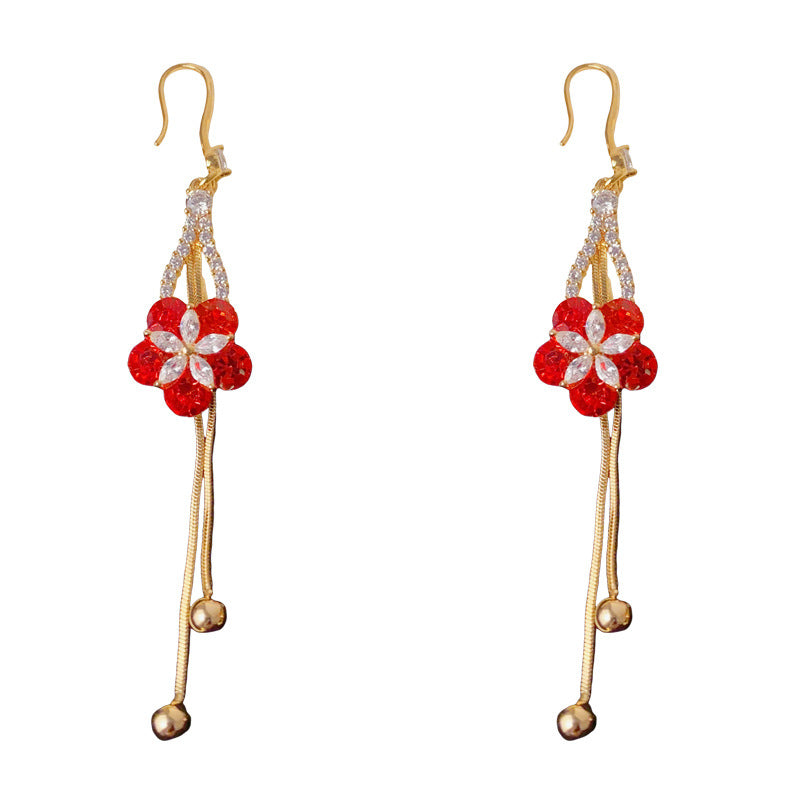 Luxury Micro-Pavé Red Petal Tassel Drop Earrings – French Retro Design