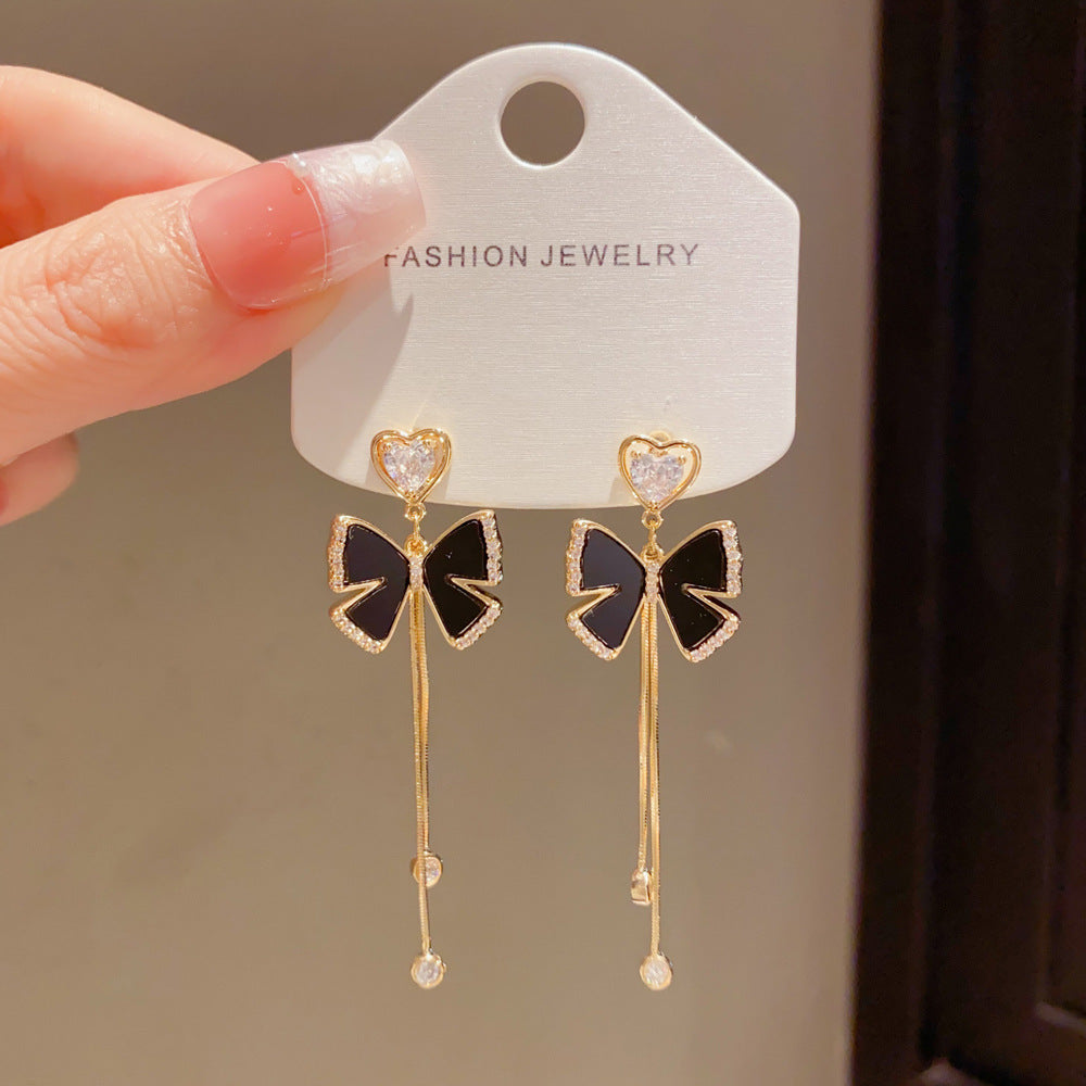 Eaioncol CZ Heart Black Butterfly Tassel Earrings 14K Gold Plated