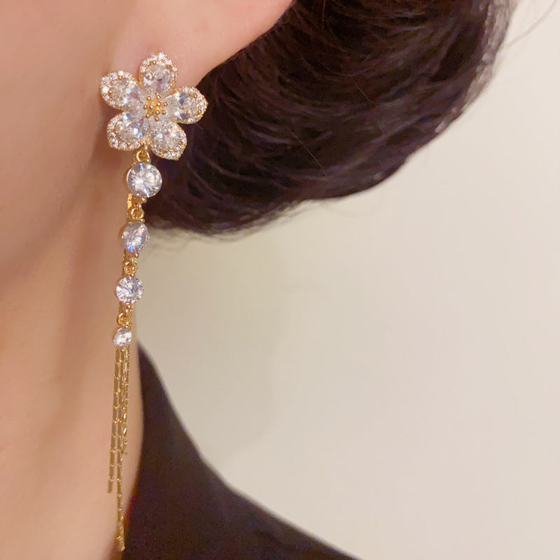Luxury Zircon Flower Long Tassel Drop Gold Earrings – Floral Design