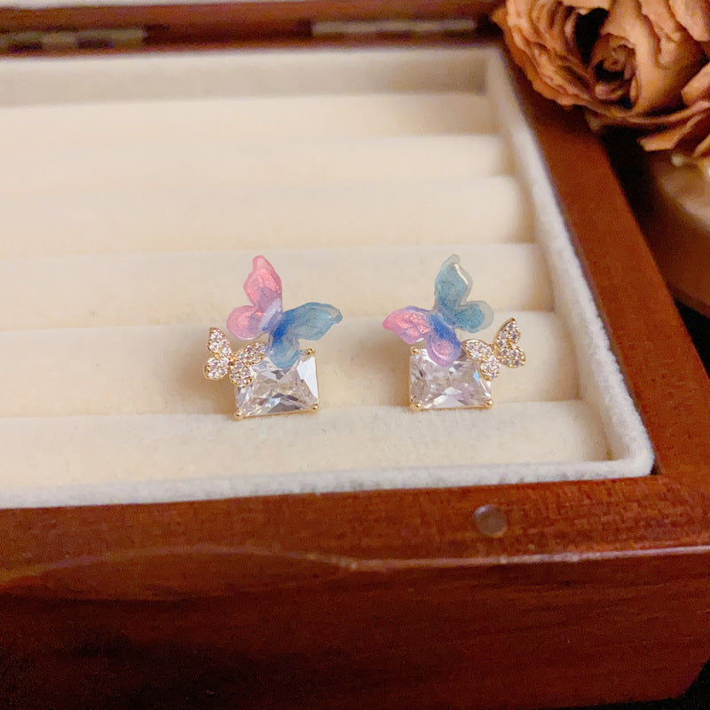 Gradient Butterfly Square Zircon Stud Earrings – S925 Silver Needle
