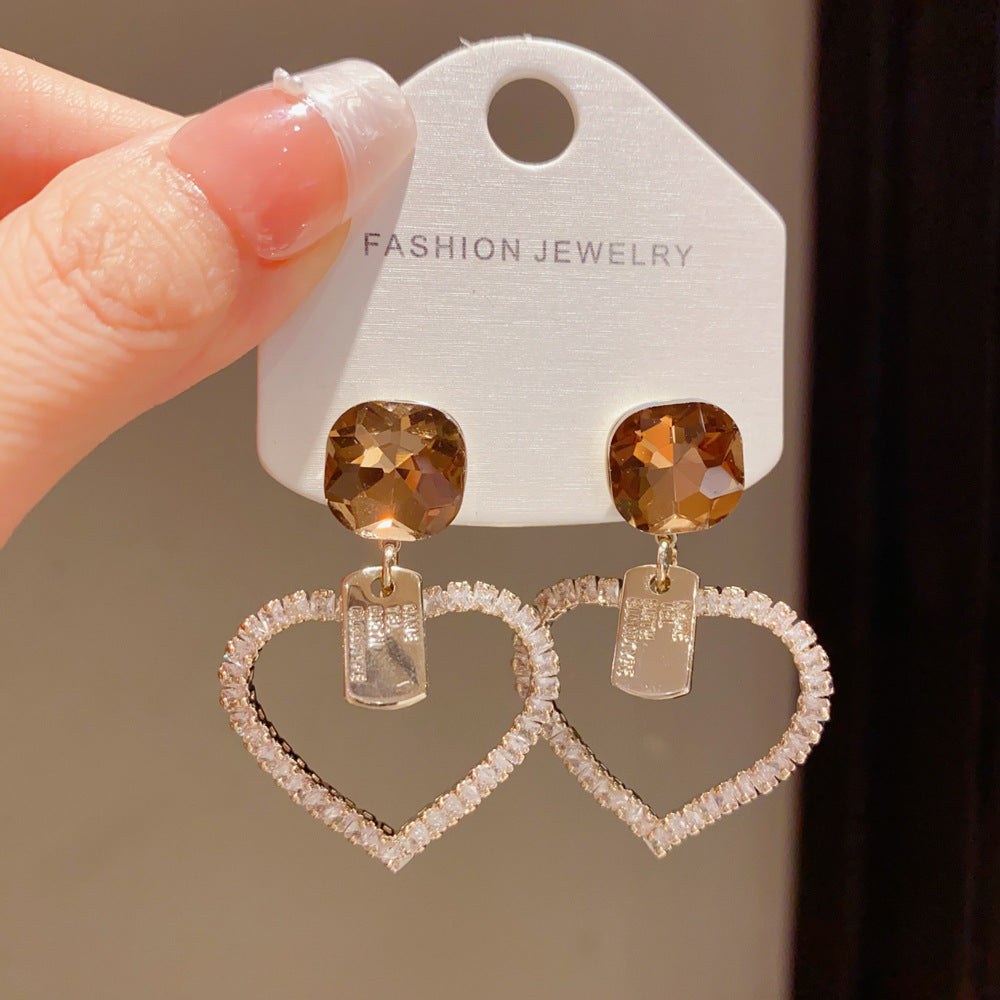 Eaioncol Square Heart CZ Drop Earrings Coffee Gold