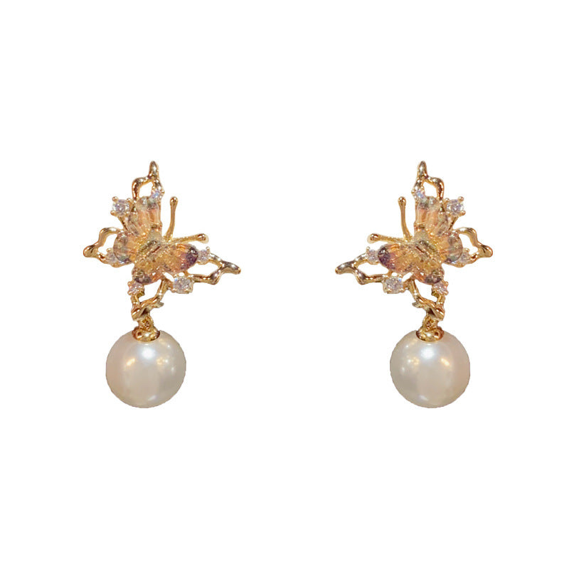 14KGold-Plated Hollow Butterfly Drop Pearl Earrings-Elegant&Minimalist