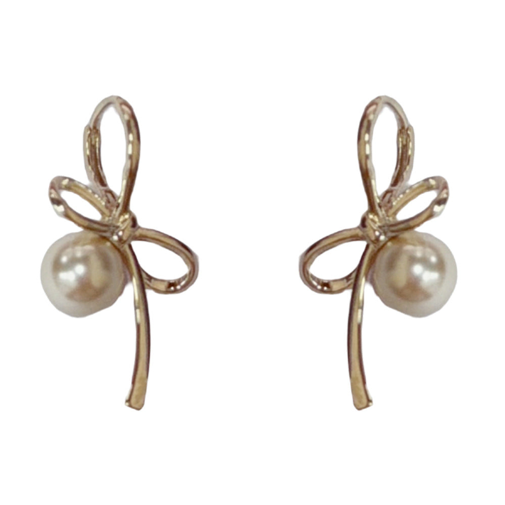 Eaioncol Coffee Gold Bow Pearl Hoop Earrings 14K Gold Plated
