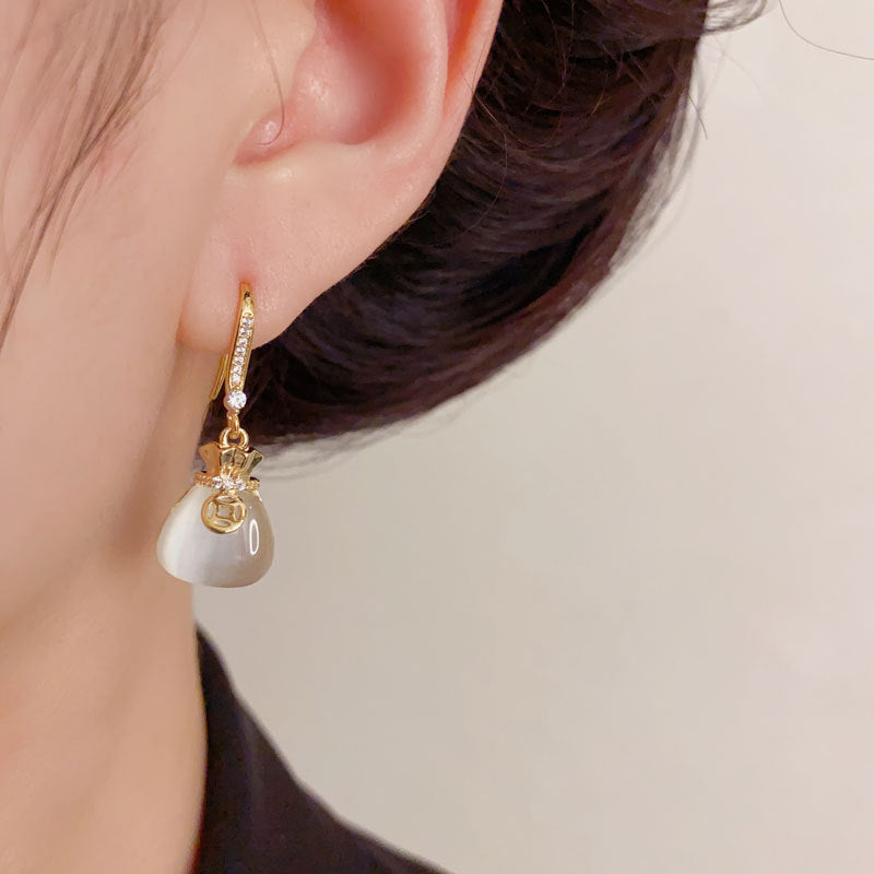 Luxury Cat's Eye Stone Money Bag Hook Earrings – Geometric Design