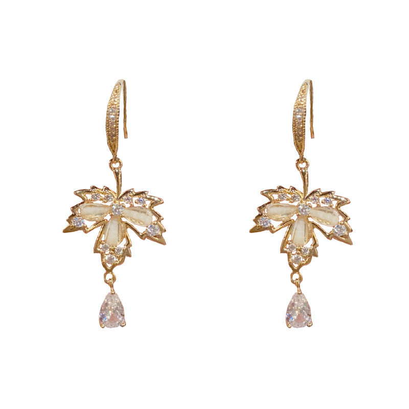 14K Gold-Plated Diamond Maple Leaf Drop Earrings-Chic & Elegant Design