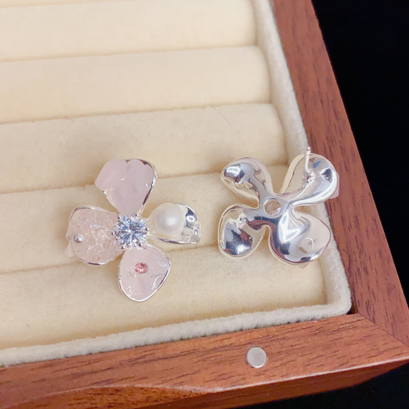 Eaioncol Crystal Freshwater Pearl Floral Stud Earrings Silver