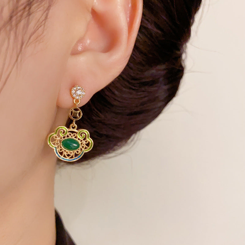 14K Gold-Plated Green Ruyi Tassel Earrings - Chinese-Inspired Design