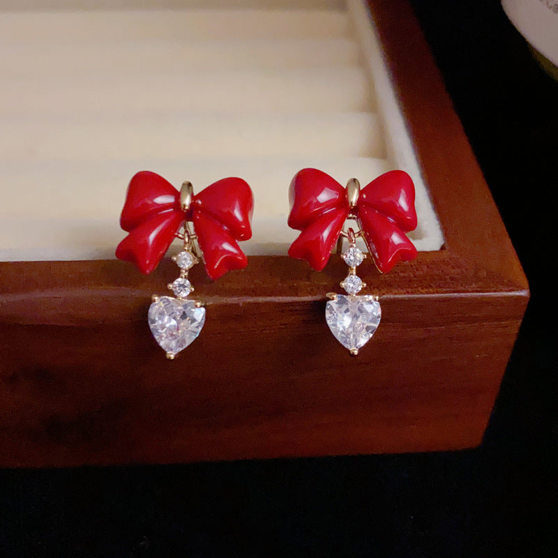 14K Gold-Plated Red Heart Earrings with Bow and Zircon - Retro Style