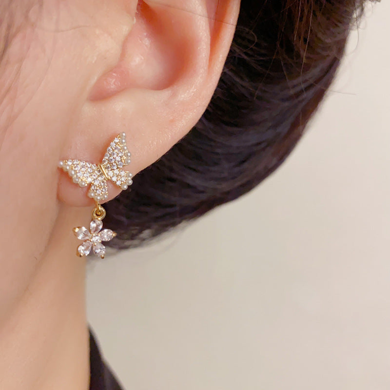Elegant Pearl Zircon Butterfly Petal Drop Earrings – Romantic Design