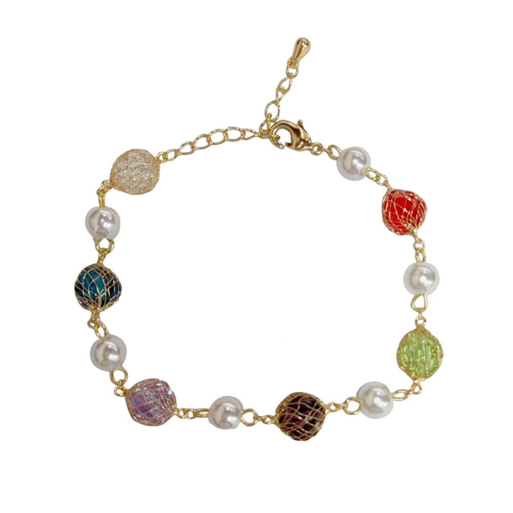 Eaioncol Colorful CZ Grid Pearl Bracelet Gold Silver