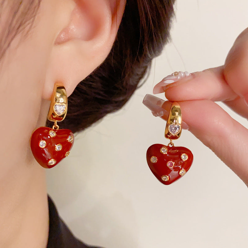 14K Gold-Plated Red Heart Polka Dot Drop Earrings - Chic & Minimalist