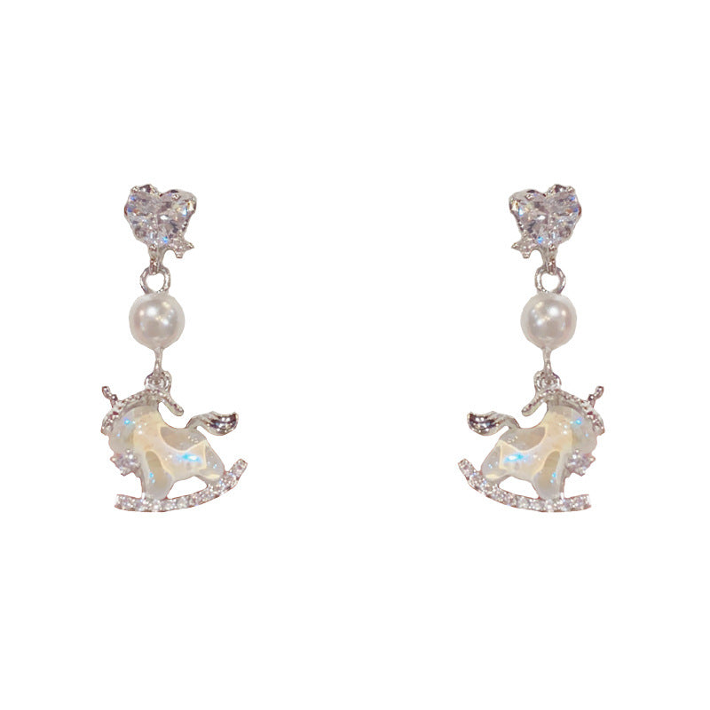 Luxury Zircon Heart Pearl Unicorn Drop Earrings – Animal Design