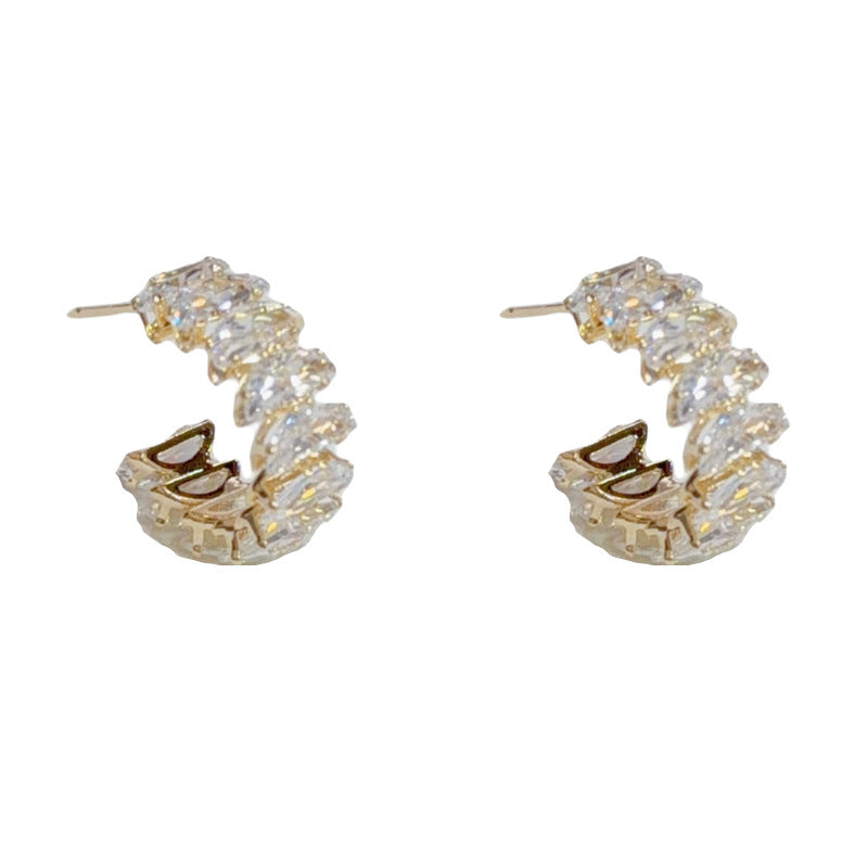Elegant Full-Zircon C-Shape Hoop Earrings – French Minimalist Design