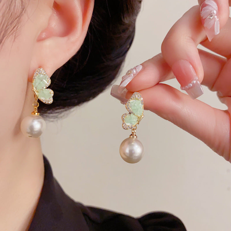 Eaioncol Butterfly Crystal Pearl Drop Earrings Gold