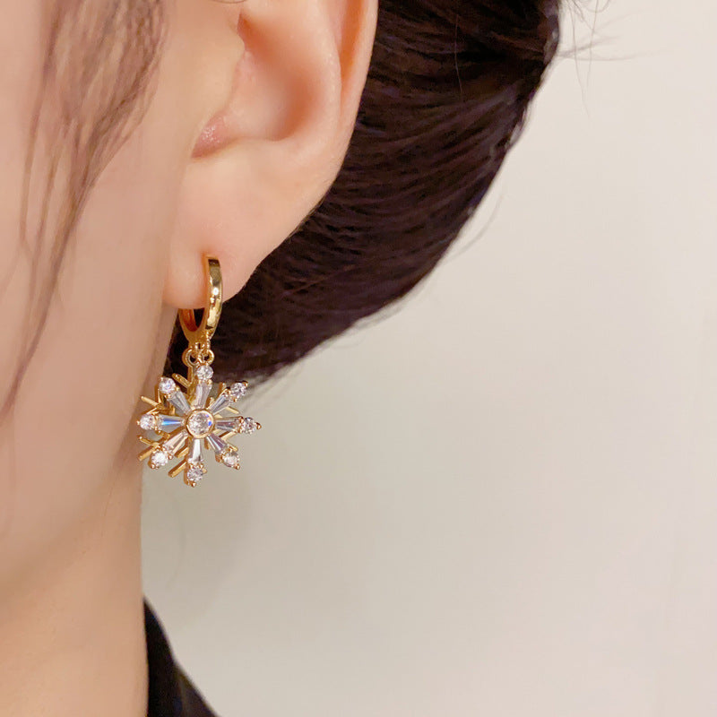 14K Gold-Plated Zircon Double Snowflake Earrings - Festive Elegance