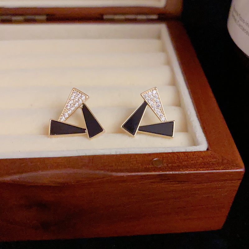 14K Gold-Plated Zircon Geo Triangle Stud Earrings - Minimalist Design