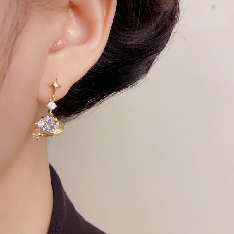 Elegant Zircon Star Planet Tassel Drop Earrings – Asymmetric Design