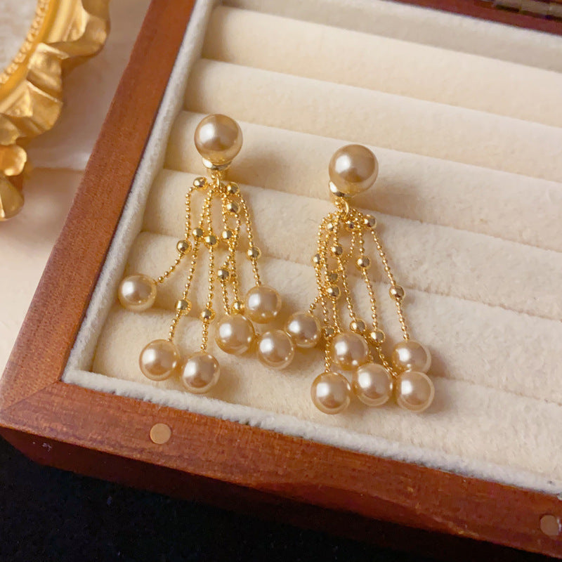 Elegant Two-Way Pearl Tassel Drop Earrings – Long Fringe Design
