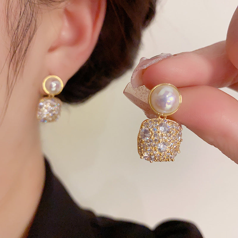 14K Gold Plated Pearl Zircon Drop Earrings - Luxe French Style