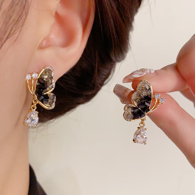 14K Gold-Plated Crystal Butterfly Drop Earrings with Zircon Waterdrop