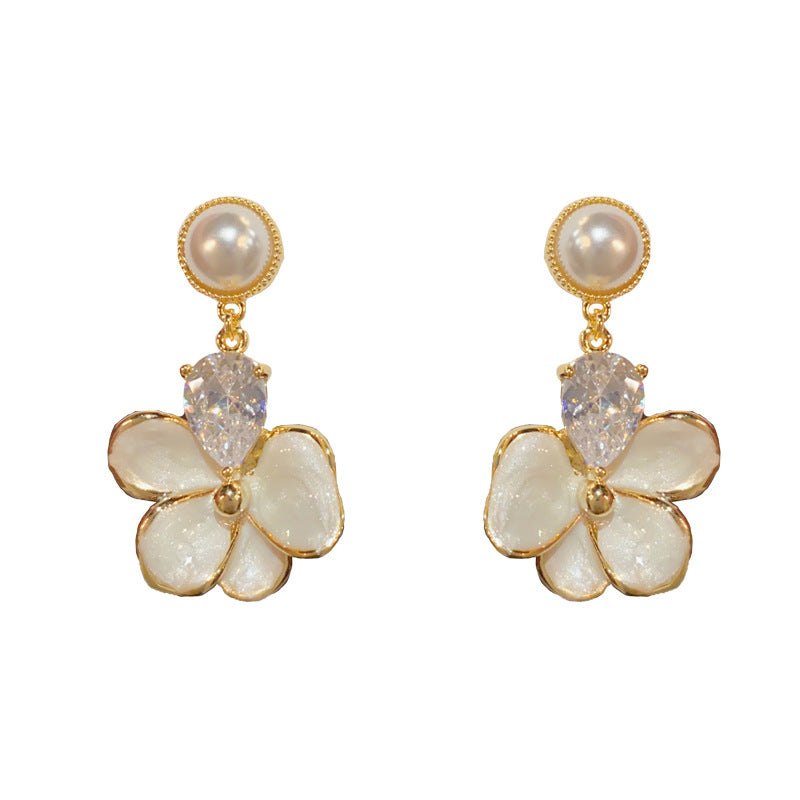 14K Gold-Plated White Drop Oil Petal Tassel Earrings -Floral Design