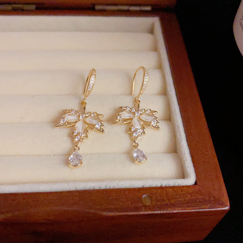 14K Gold-Plated Diamond Maple Leaf Drop Earrings-Chic & Elegant Design