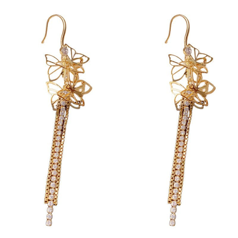 Eaioncol Cutout Butterfly CZ Tassel Drop Earrings Gold Silver