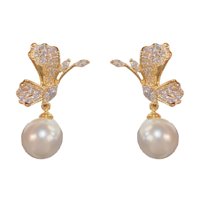 Eaioncol Butterfly Pearl CZ Drop Earrings Gold