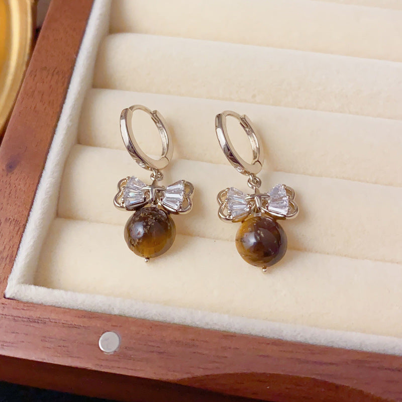 Elegant Zircon Bow Tiger’s Eye Drop Earrings – Retro Design