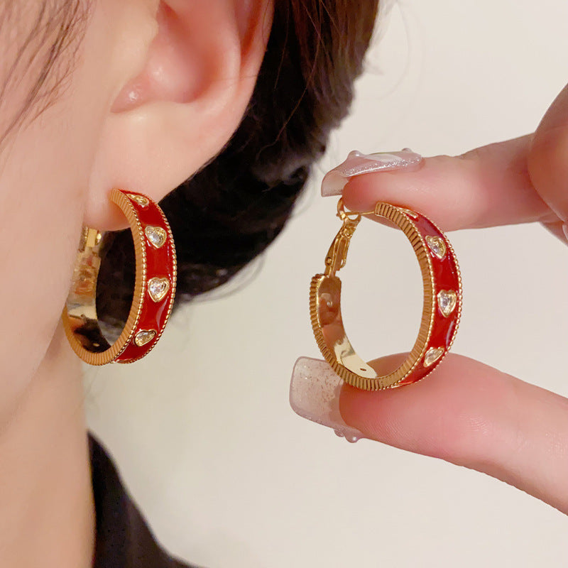 14K Gold-Plated Hoops Ankara Red Heart Earrings - Vintage Style