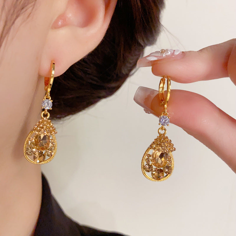 14K Gold-Plated Coffee Full Diamond Waterdrop Earrings -Elegant Design