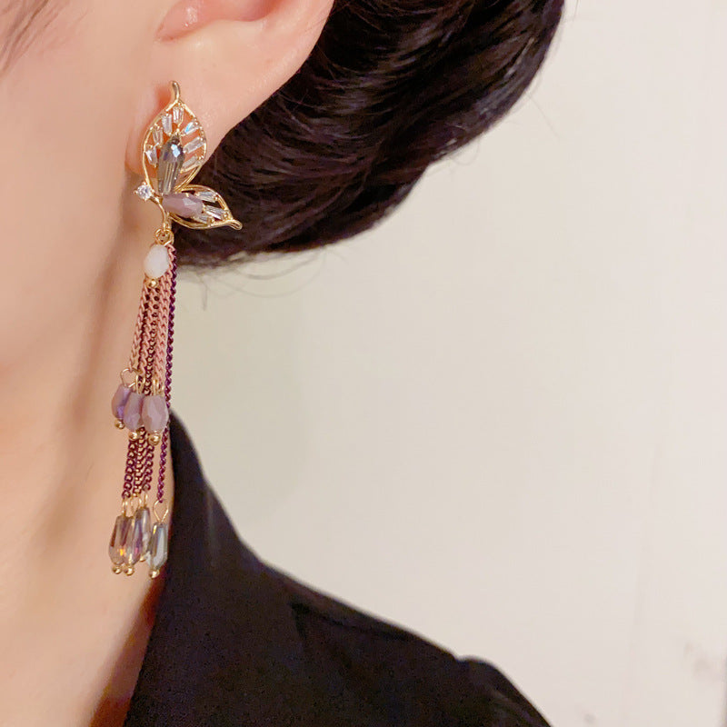 Luxury Butterfly Beaded Tassel Drop Earrings – Elegant Design