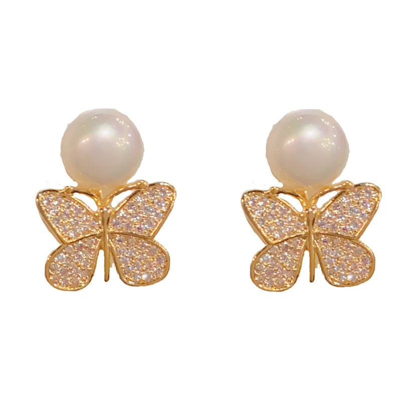 Eaioncol Butterfly Pearl CZ Stud Earrings Gold