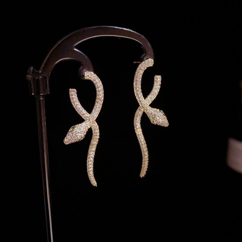 14K Gold-Plated Zircon Snake Earrings - Elegant & Chic Design