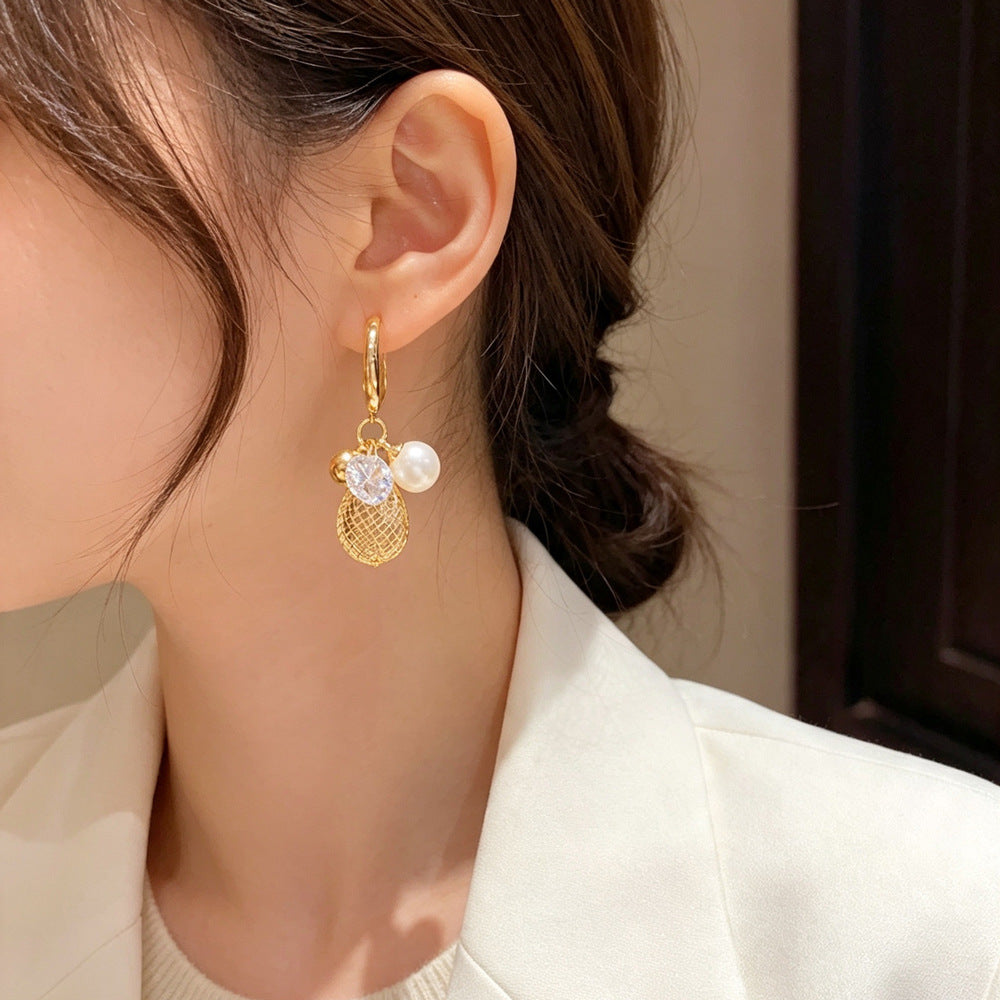 Eaioncol Grid Pearl CZ C Hoop Drop Earrings Gold Silver