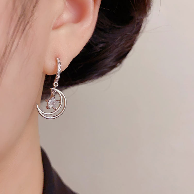 Elegant Zircon Star Moon Drop Earrings – Minimalist Design