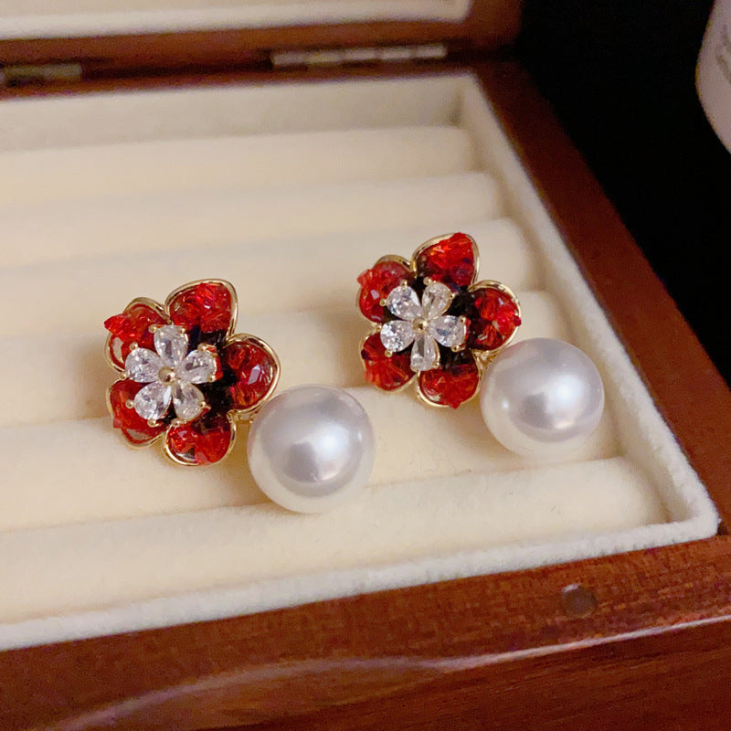 14K Gold-Plated Crystal Red Flower Pearl Earrings-Elegant&Handcrafted