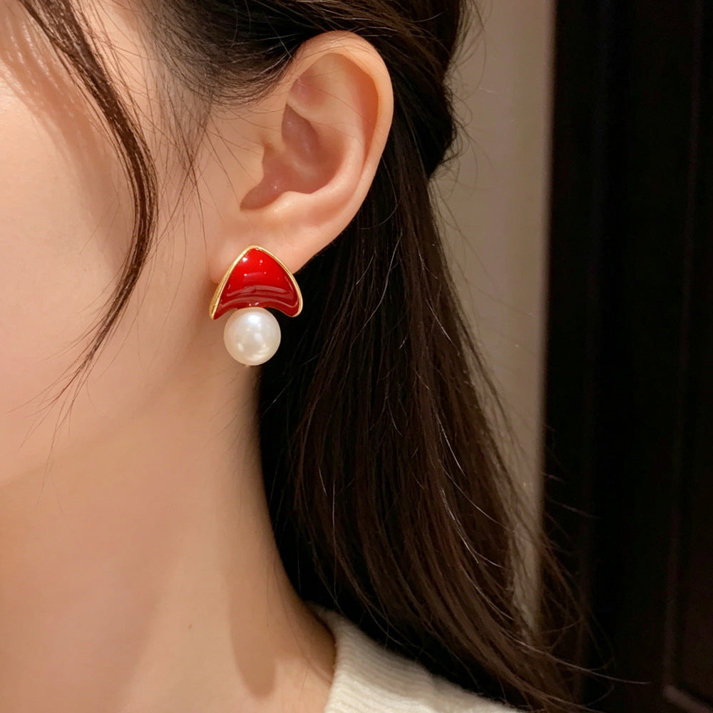 Eaioncol Red Triangle Pearl Earrings 14K Gold Plated