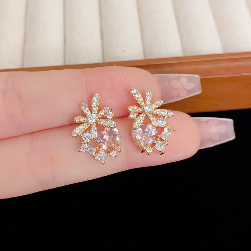 Eaioncol Floral Heart CZ Stud Earrings Gold Silver