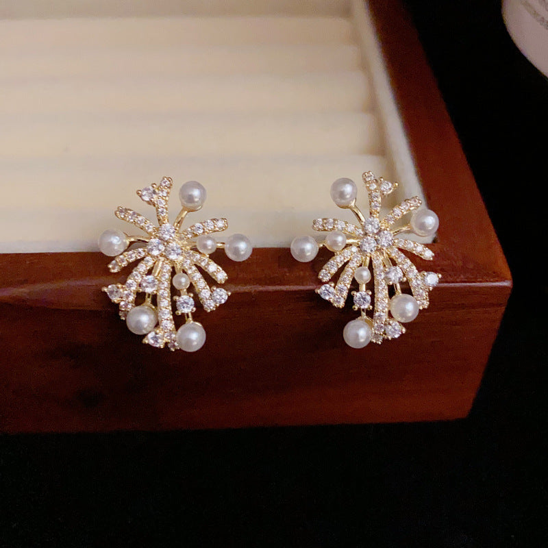 S925 Zircon Firework Pearl Stud Earrings - Elegant Minimalist Design