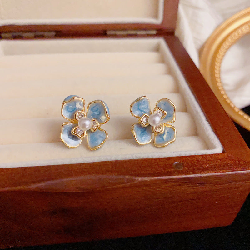 Luxury Enamel Blue Pearl Petal Stud Earrings – Elegant Flower Design