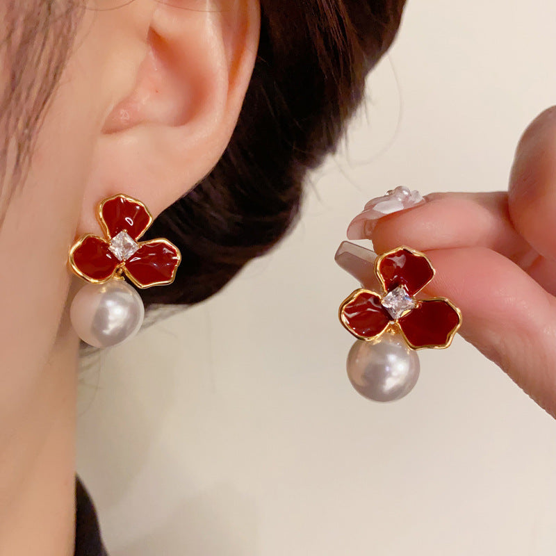 14KGold-Plated Red Oil Drop 3Leaf Flower Pearl Earrings-Elegant Design